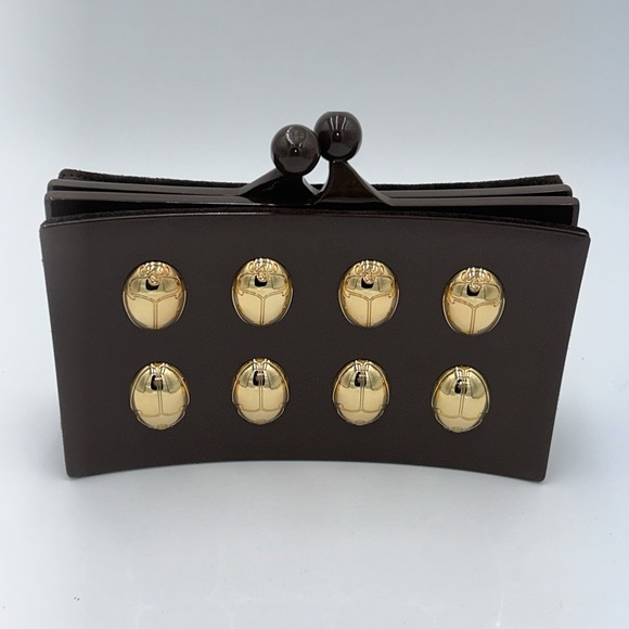 Tory Burch Handbags - Tory Burch Vintage Rare Brown Lucite, Gold Embossed Scarab & Suede Back Clutch